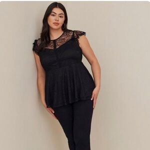Torrid Black Peplum Lace Ruffle Sleeve Top Size 1